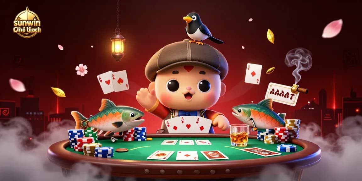 Experience the thrill with sunwin chính hãng as 3D characters enjoy a vibrant poker scene filled with excitement.