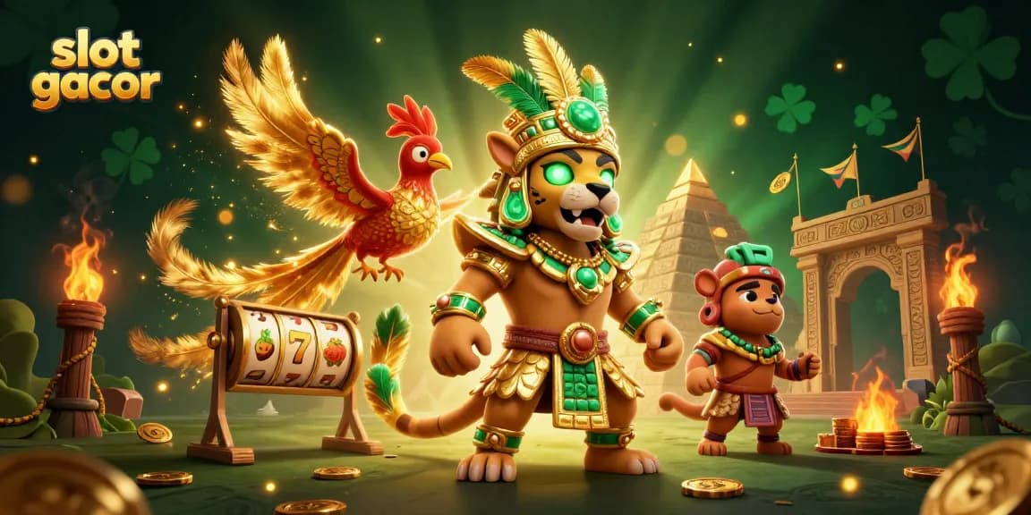 Slot gacor menghidupkan keseruan dengan simbol beruntung dan pemandangan kasino mewah dalam ilustrasi 3D.