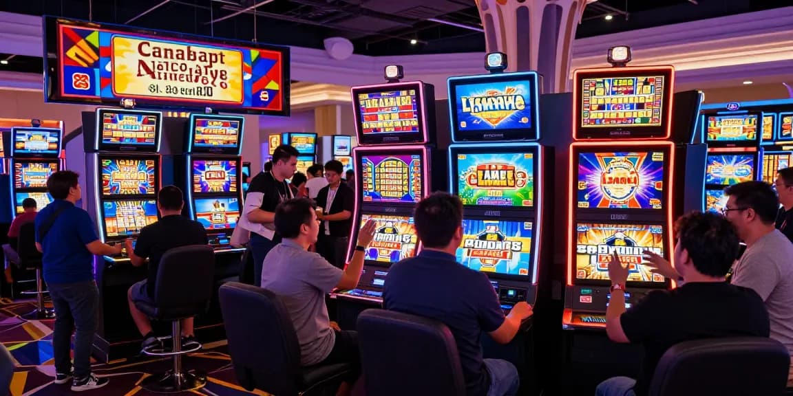 Permainan mesin slot di VEGAS123 dengan pemain yang antusias dan suasana ramai.