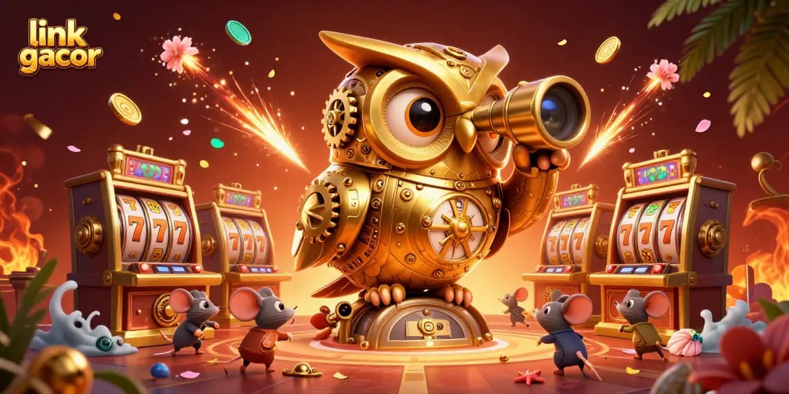 Engage with link gacor in this vibrant 3D casino scene featuring an owl and slot machines.