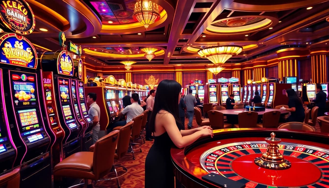 Action-packed casino scene featuring slot gacor hari ini with excited players at colorful machines.