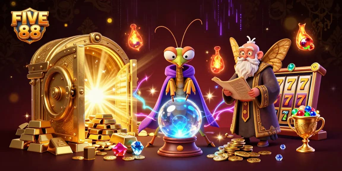 Spin the reels at FIVE 88 while a fortune teller reveals hidden treasures in this vibrant casino scene.