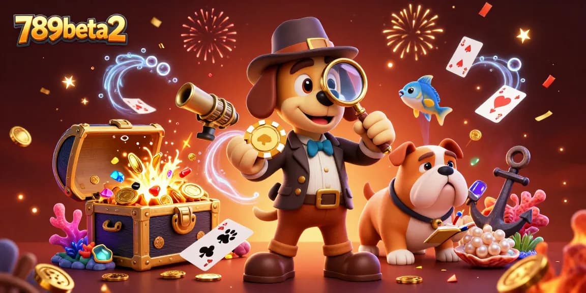 Engage in thrilling gameplay at 789beta2 with a detective and dog surrounded by casino treasures.
