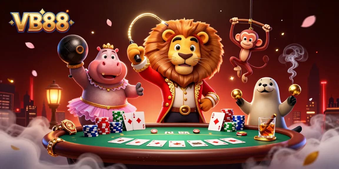 VB88 showcases an engaging casino scene with vibrant characters and poker game elements in 3D.