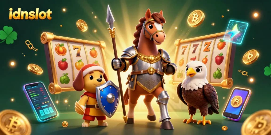 Slot game scene showcasing idnslot with a knight, squire, and falcon amidst vibrant 3D elements.