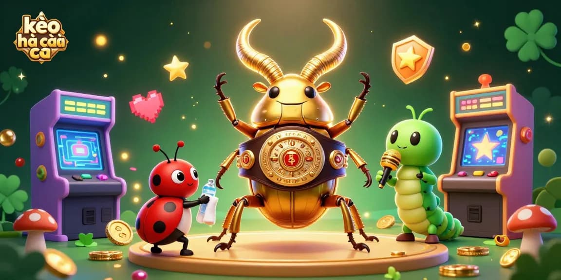 Engage in thrilling moments with kèo nhà cái while interactive gaming elements surround a golden stag beetle protagonist.