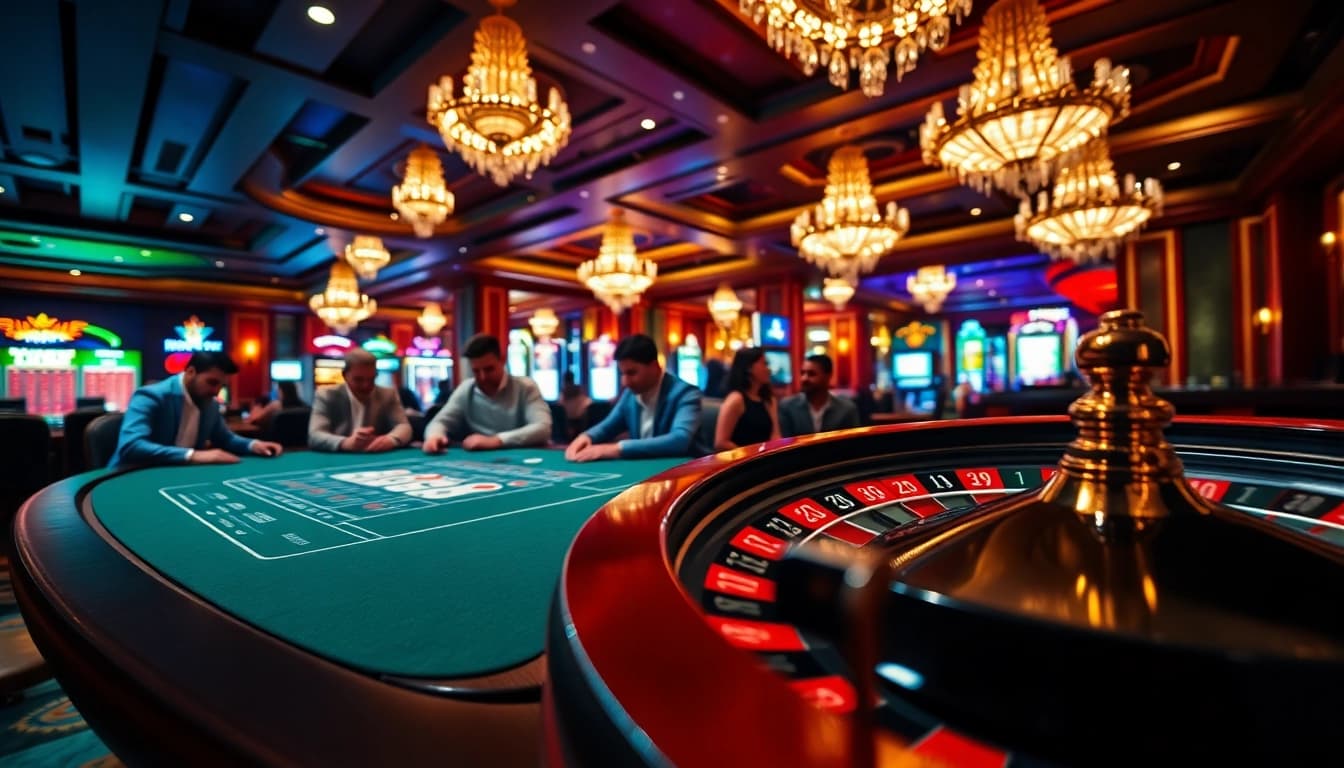 Engage in thrilling Casino games at a luxurious poker table surrounded by excitement.