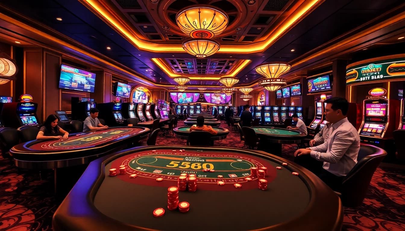 Engaged players participate in Đá Gà Thomo BJ888 on a vibrant casino floor.