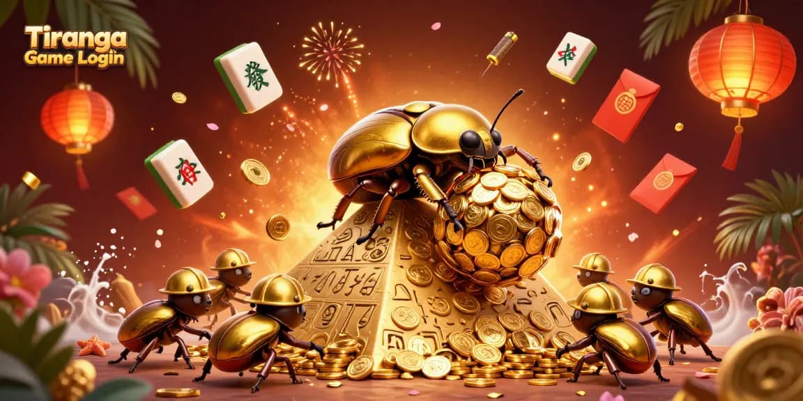 Tiranga Game Login showcases vibrant, interactive 3D illustration of a golden dung beetle rolling coins in a dynamic casino environment.