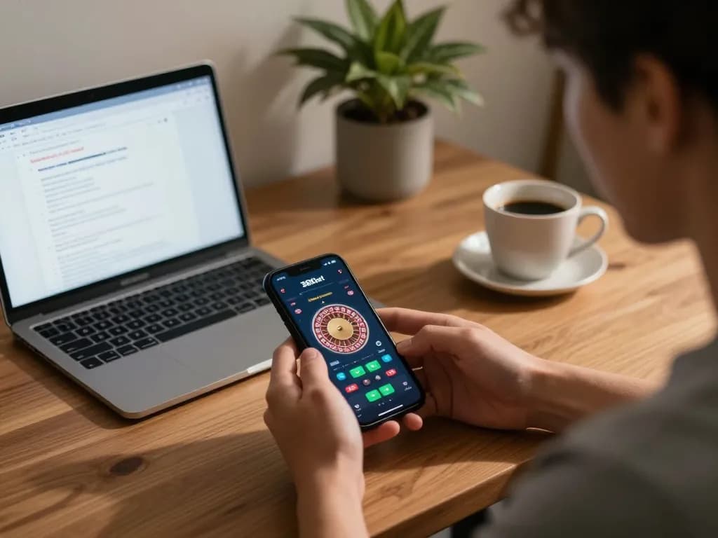Engaging with the 388bet app for a strategic roulette game on a smartphone amidst careful planning.