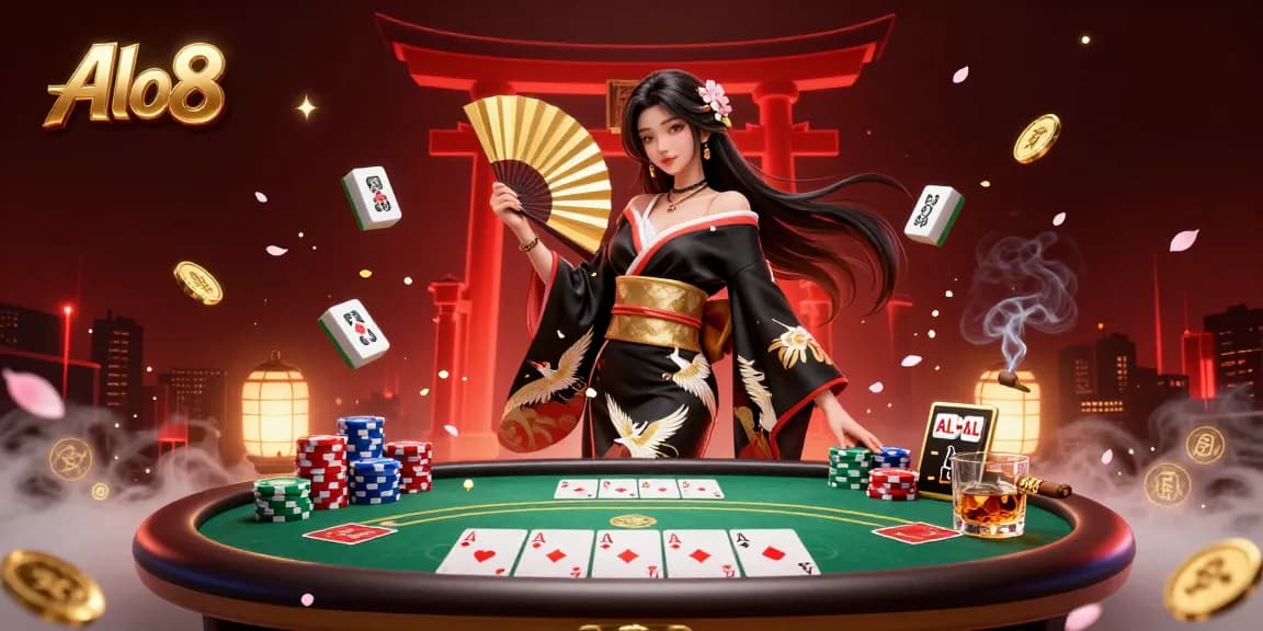 Alo8 showcases an elegant Asian woman in a kimono surrounded by poker elements, creating an engaging casino atmosphere.