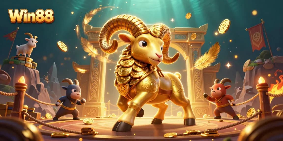Win88's golden ram charges triumphantly, surrounded by vibrant casino elements and dynamic action.