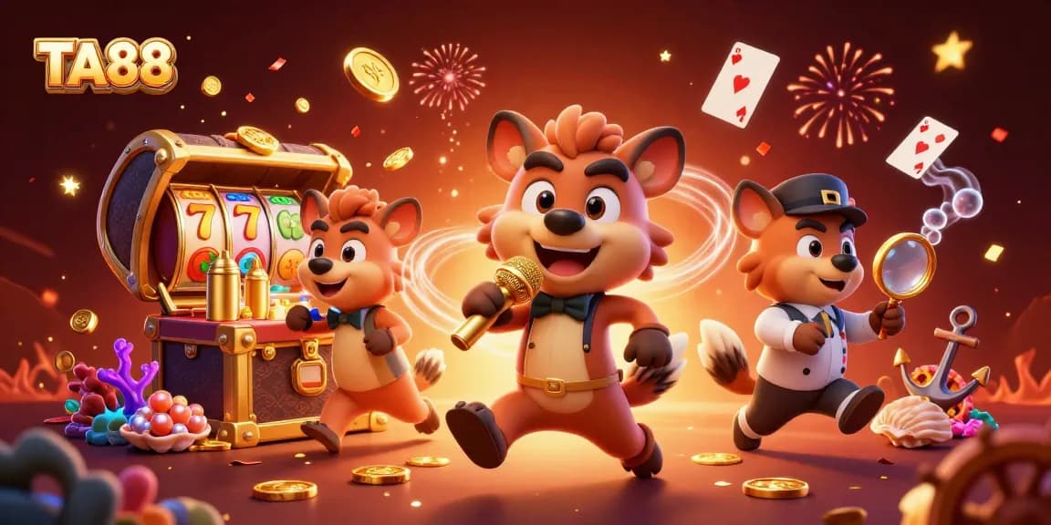 Experience the excitement of TA88 with a lively casino scene featuring hyenas in vibrant action.