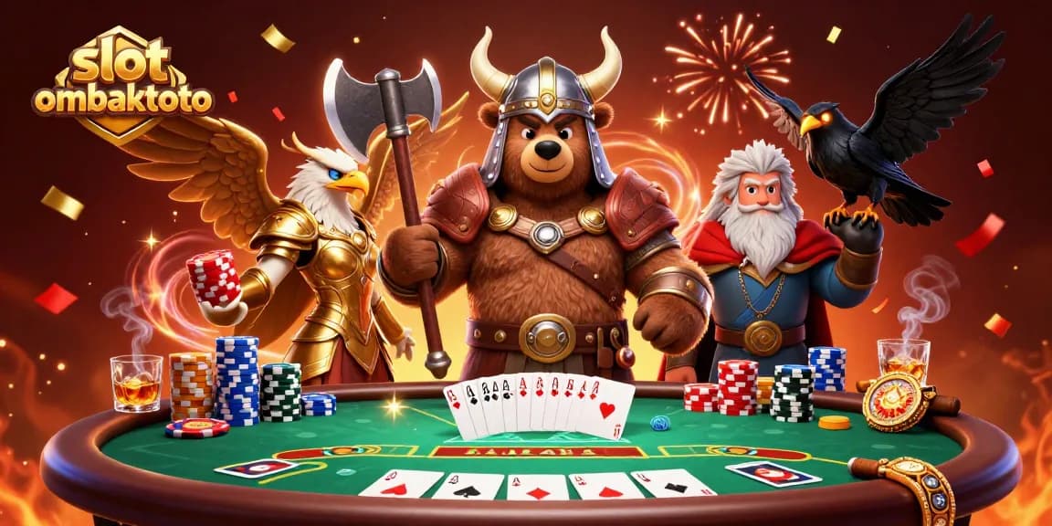 Experience the thrill of slot ombaktoto with a cartoon Viking and poker elements in a vibrant 3D scene.