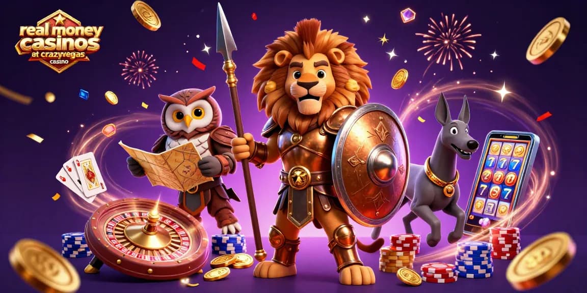 Engaging scene showcasing real money casinos at crazyvegas casino with cartoon heroes and vibrant casino elements.