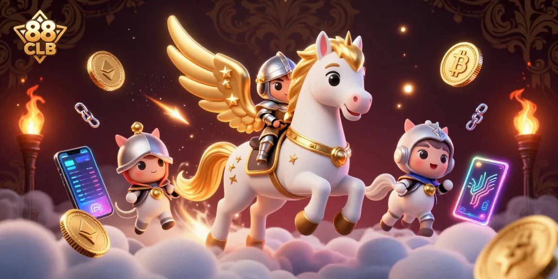 Engage with 88 CLB as a vibrant casino scene unfolds with celestial characters and crypto elements.