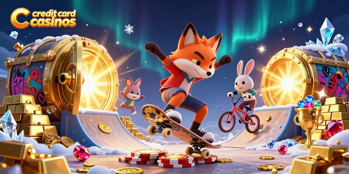 Engage in thrilling credit card casinos experience with a fox and rabbit in a vibrant, dynamic casino setting.