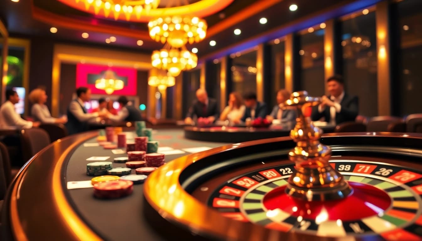 A dynamic casino scene showcasing the 789 club with poker chips, cards, and a roulette wheel, capturing the thrill of gambling.