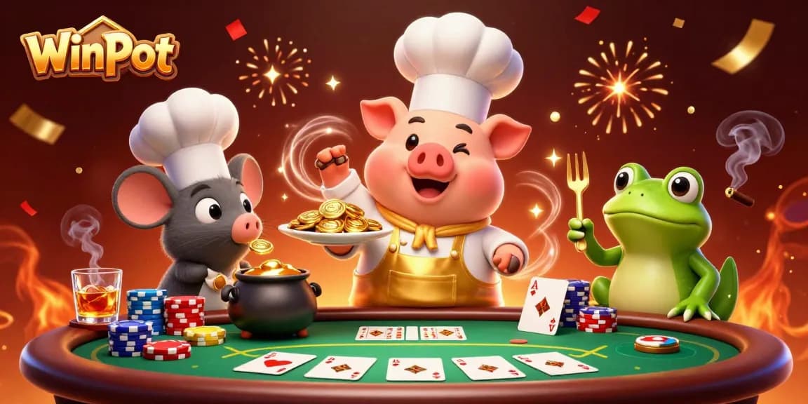 Winpot showcases a festive casino scene with a chef pig serving gold coins among vibrant poker elements.