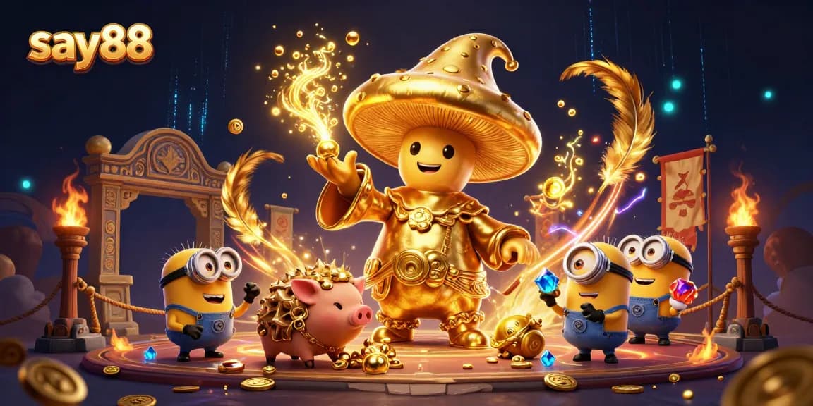 Experience the magic of say88 as a golden wizard transforms treasures in a vibrant casino scene.
