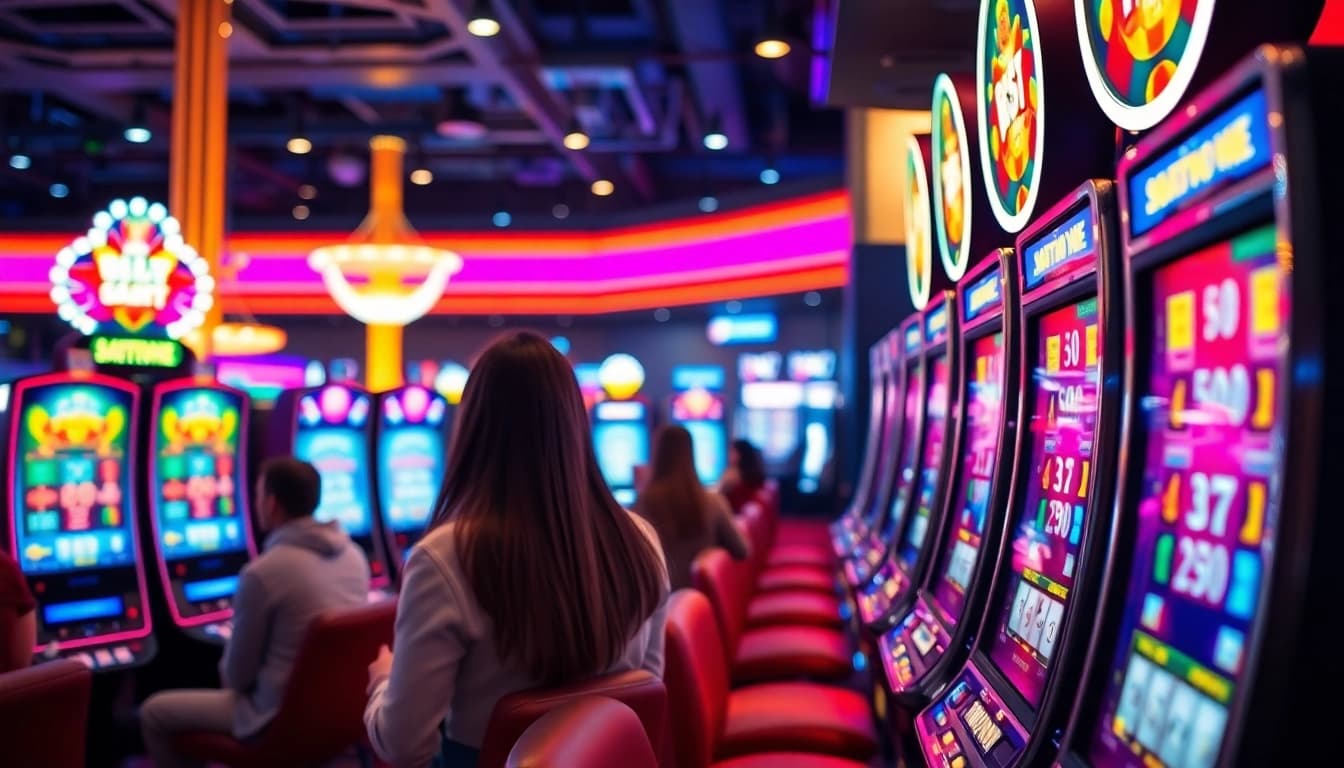 Mainkan slot gacor dengan mesin slot berkilau dalam suasana kasino yang ramai.