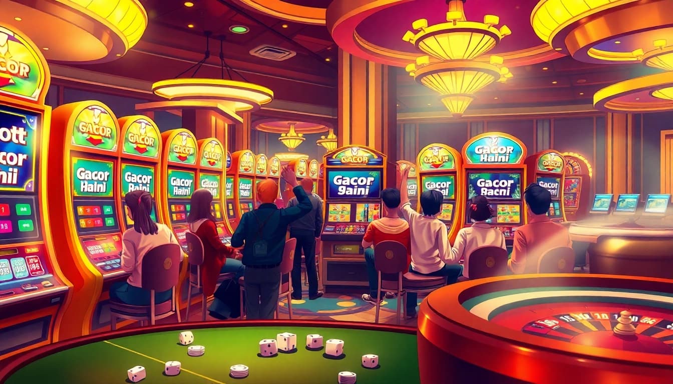 Engaging players at slot machines celebrating wins in a vibrant casino scene focused on slot gacor hari ini.