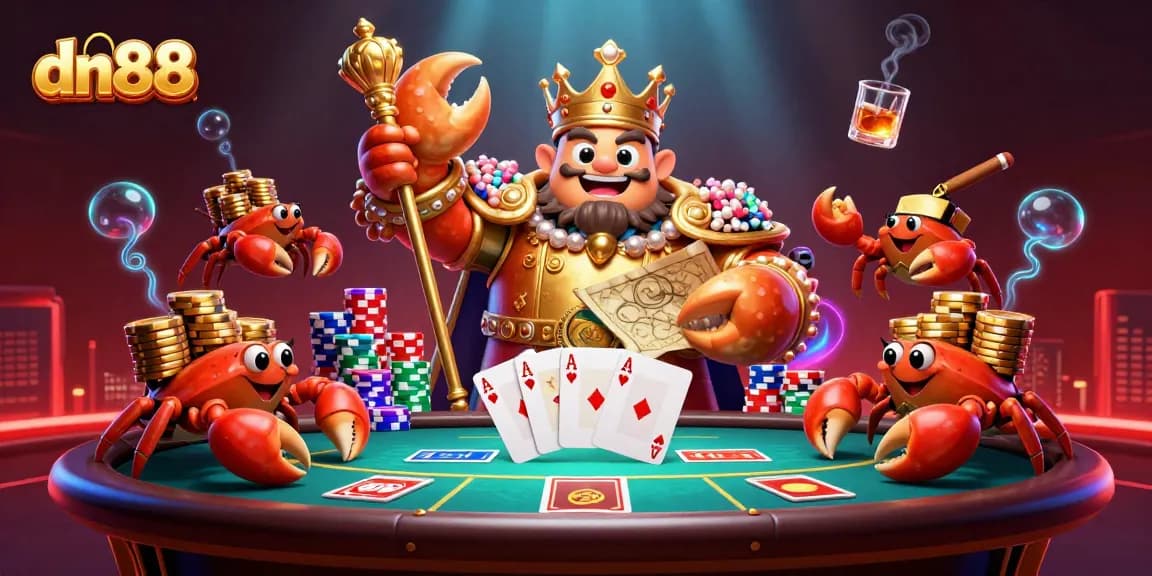 Engage with dn88's vibrant casino scene featuring a golden crab emperor and poker elements.
