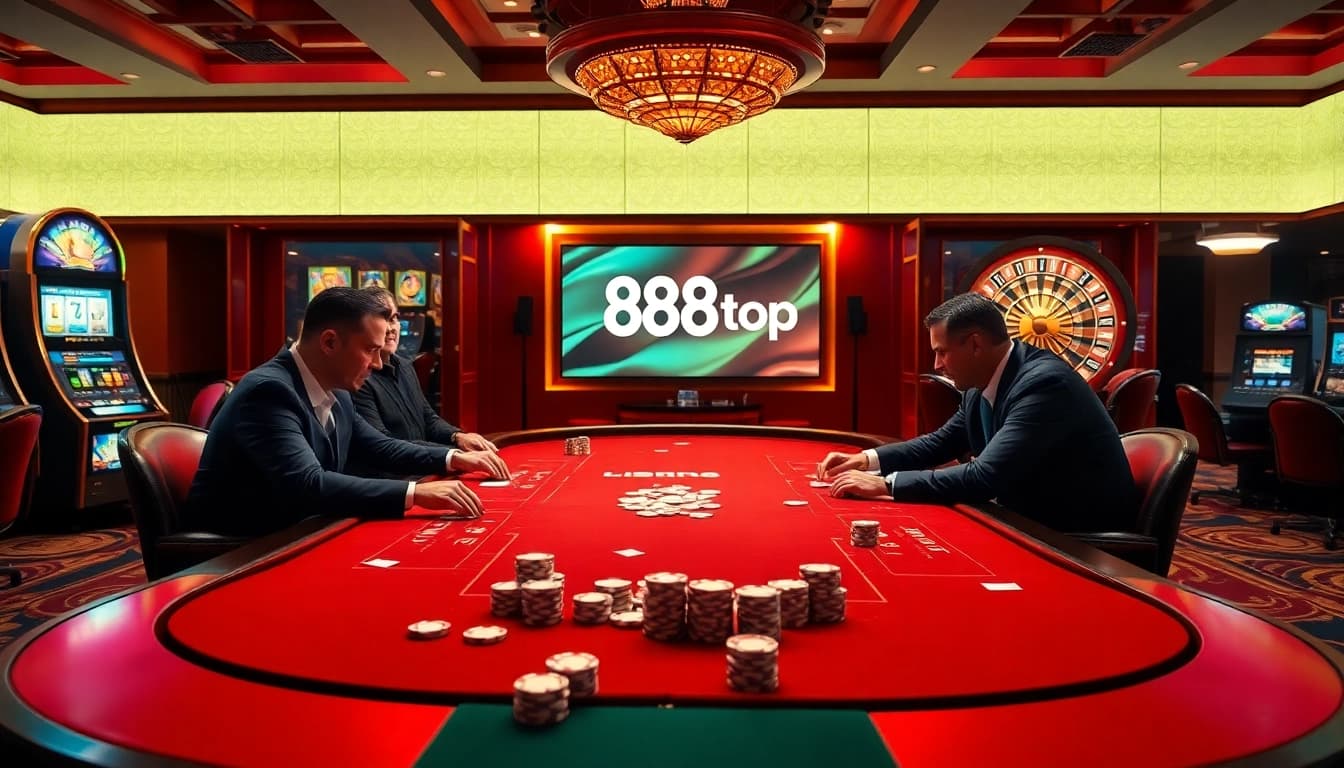 Experience the excitement of betting at 888top's luxury casino, featuring poker tables and vibrant slot machines.