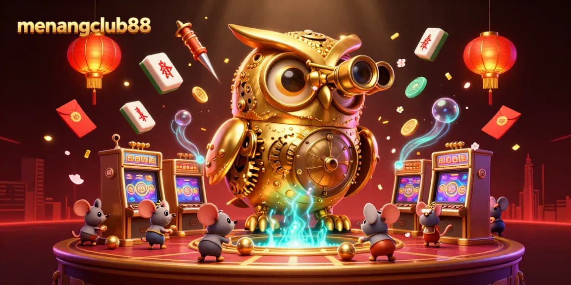 Experience exciting gaming at menangclub88 with a dazzling casino scene featuring a golden owl and playful mice.
