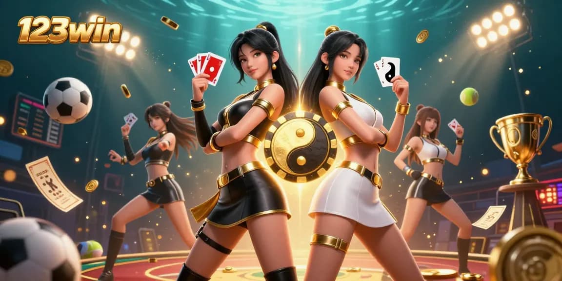 Play winning hands at 123win with dynamic Asian duo showcasing casino vibes and game excitement.
