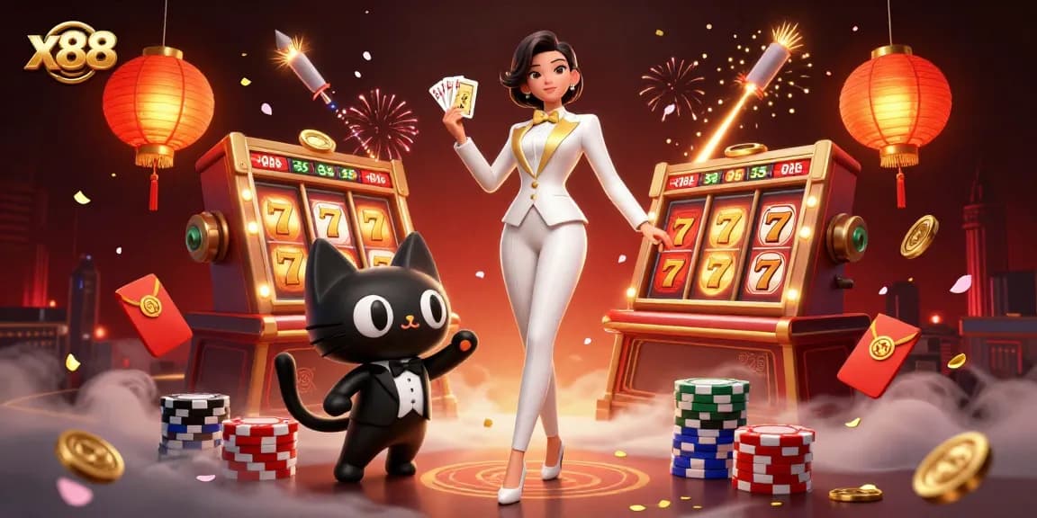 x88 players winning with vibrant slot machines and poker actions in a captivating casino illustration.