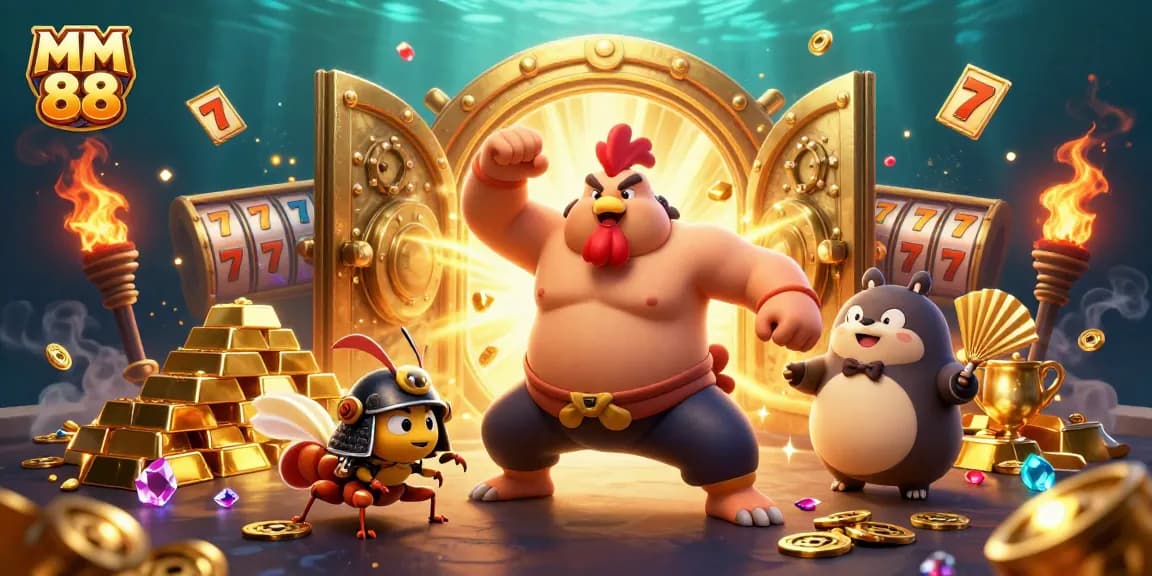 Join the MM 88 action with a dynamic 3D scene showcasing exciting casino elements and characters, celebrating gaming adventures.