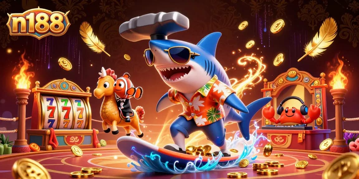 Engage with n188's thrilling slot experience as a shark rides a gold wave while gaming elements surround.