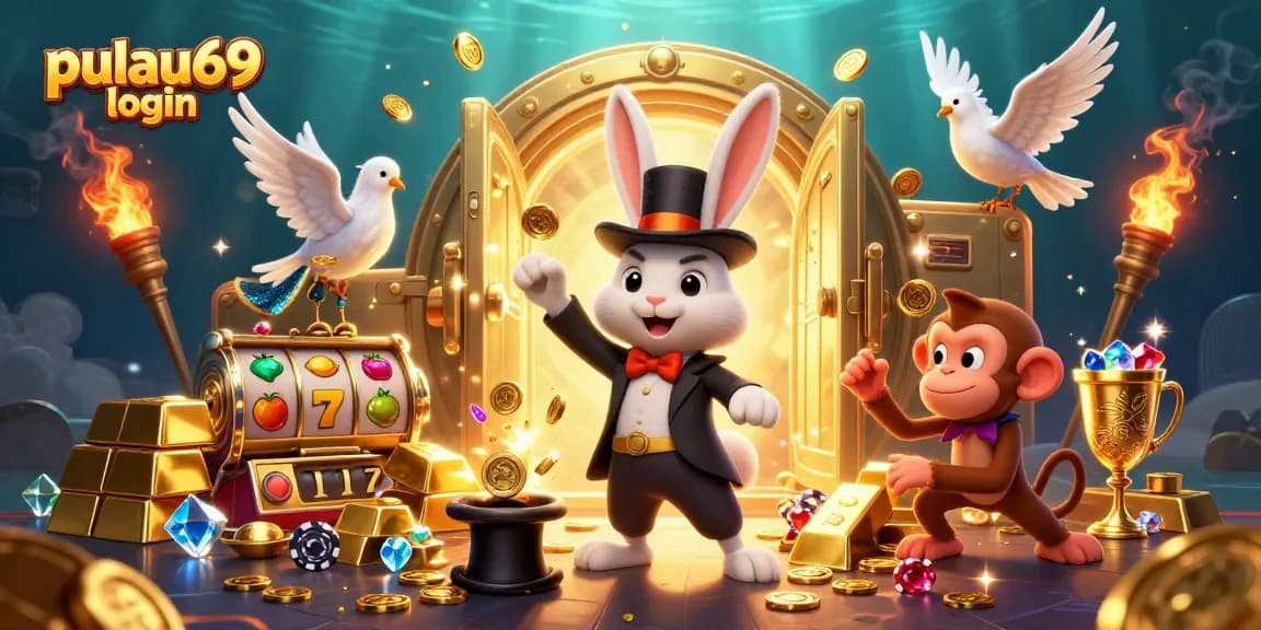 Engage with the pulau69 login scene featuring a magician rabbit, poker chips, and thrilling casino elements.