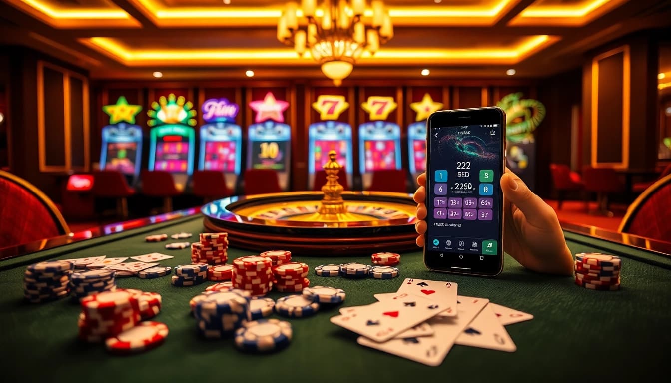 Engaging scene showcasing the 222BD app amidst vibrant casino elements like roulette and slot machines.