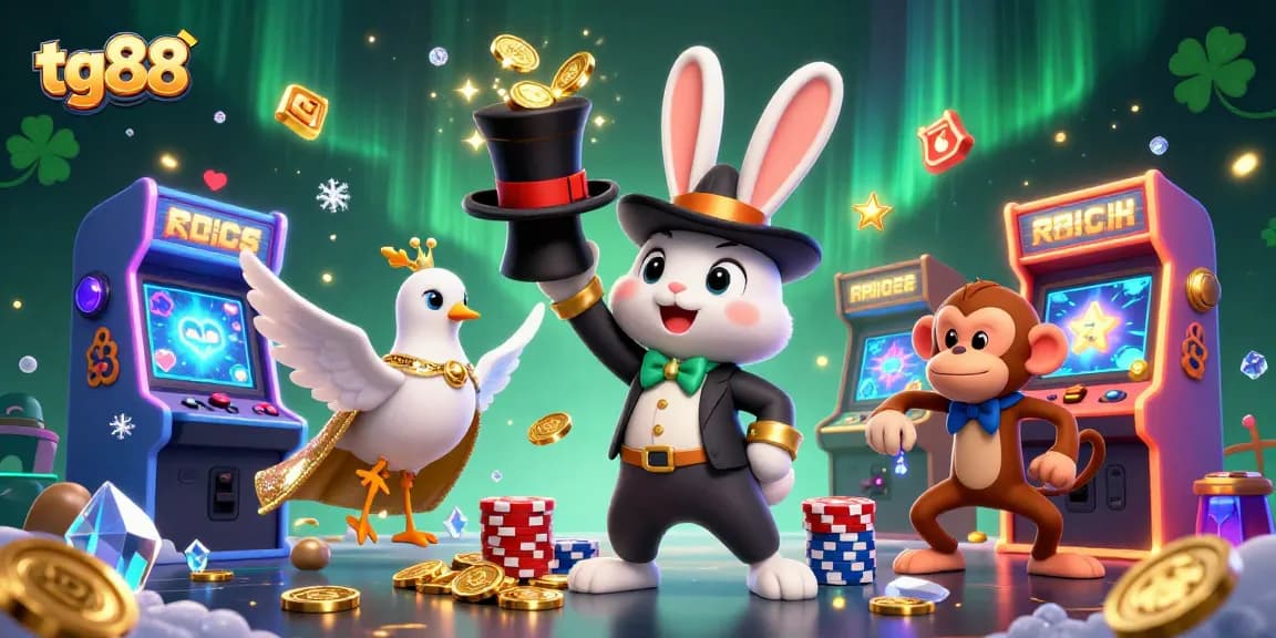 Join tg88 with a whimsical magician rabbit and playful characters in an exciting casino scene.