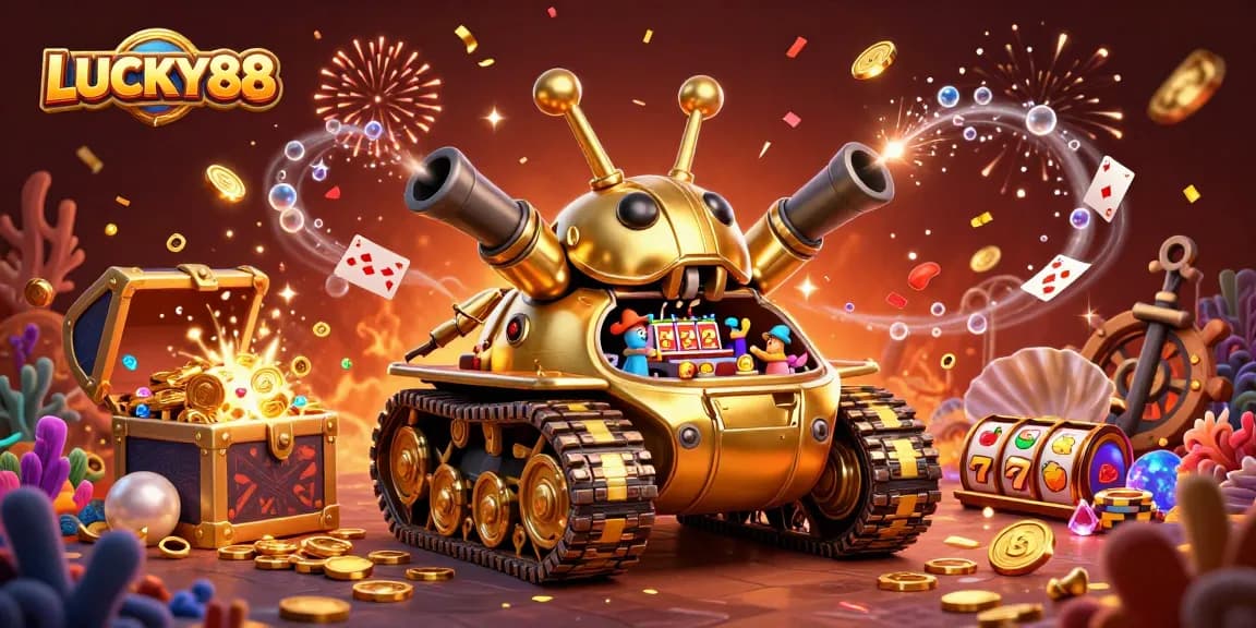 LUCKY88 gaming excitement with a vibrant 3D casino scene showcasing golden elements and dynamic characters.
