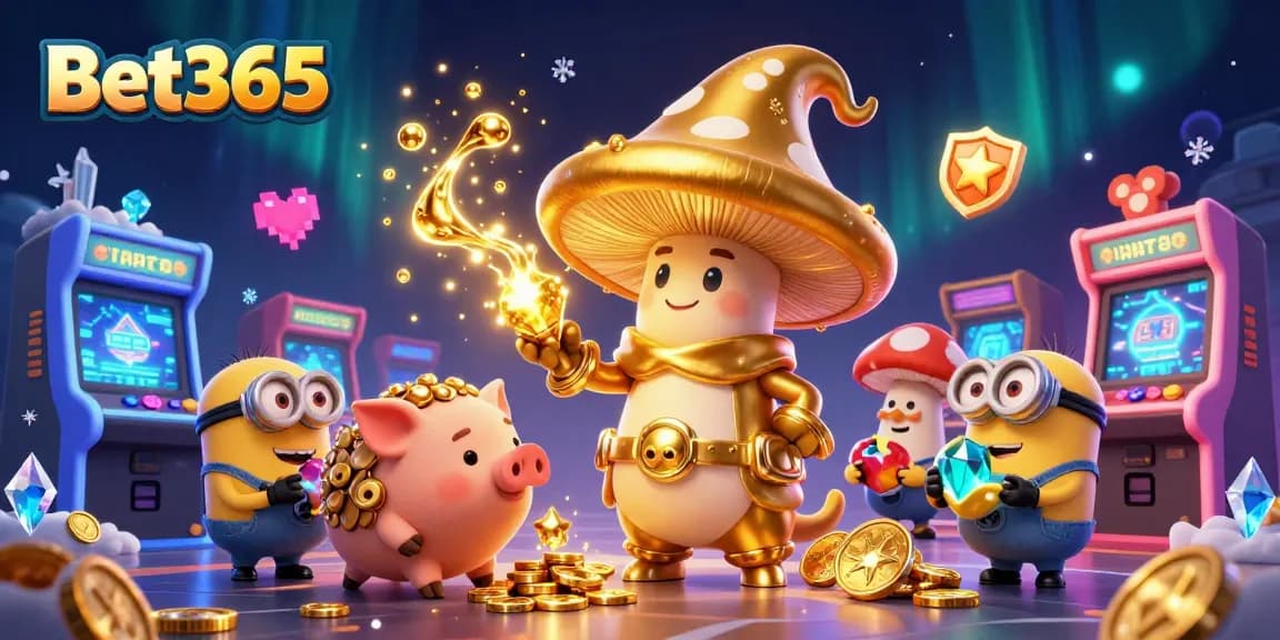 Bet365 players winning with golden mushroom wizard and vibrant casino games in a magical scene