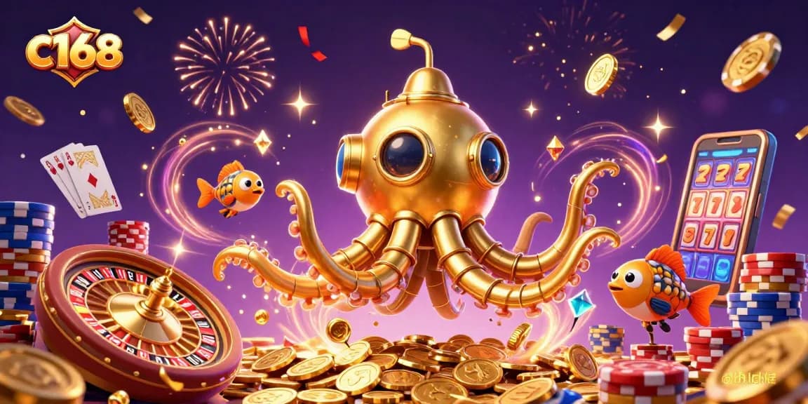 Experience the thrilling world of c168 casino with a golden kraken submarine amidst vibrant game action.