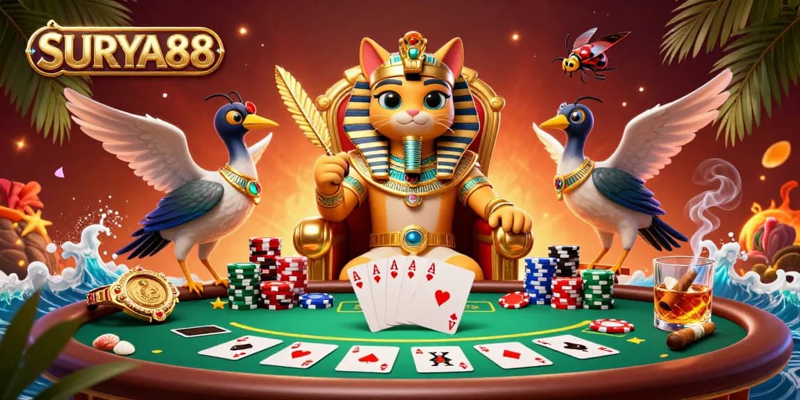 SURYA88 showcases a vibrant poker scene with a pharaoh cat and dynamic gaming elements.