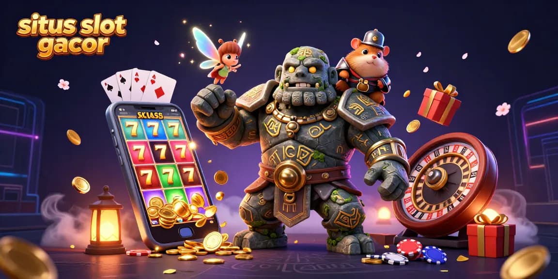 Gambar situs slot gacor dengan golem penjaga, peri dan hamster kesatria yang menciptakan keajaiban permainan.