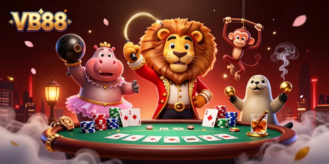 VB88 showcases an engaging casino scene with vibrant characters and poker game elements in 3D.