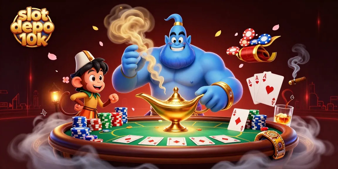 Witness the thrilling excitement of slot depo 10k with a magical genie, poker chips, and vibrant casino elements.