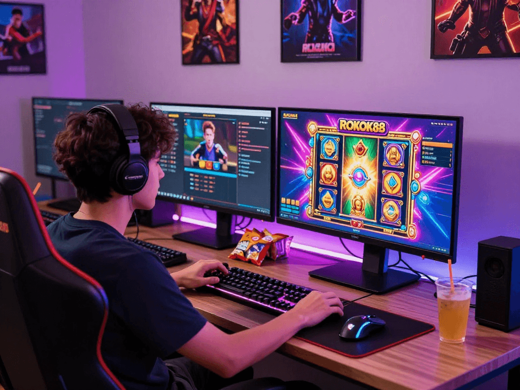 Engaged player at stylish gaming setup enjoying online slots at https://rokok88.hot, highlighting colorful graphics and accessories.