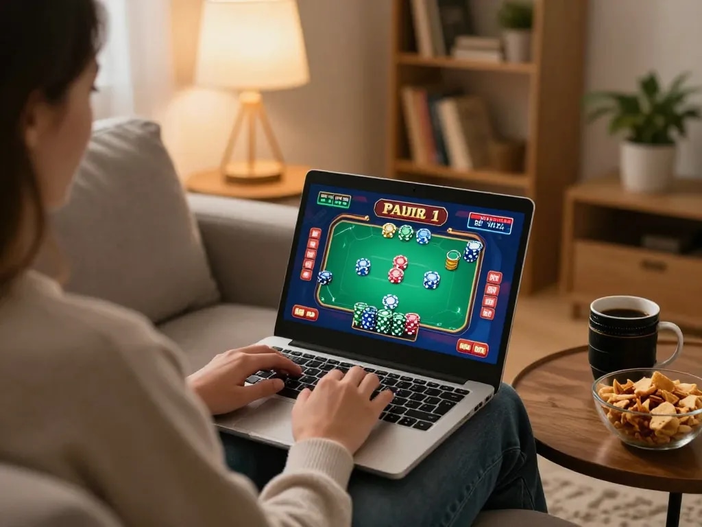 Enjoying online casinos in Canada from home with a laptop for poker gameplay.