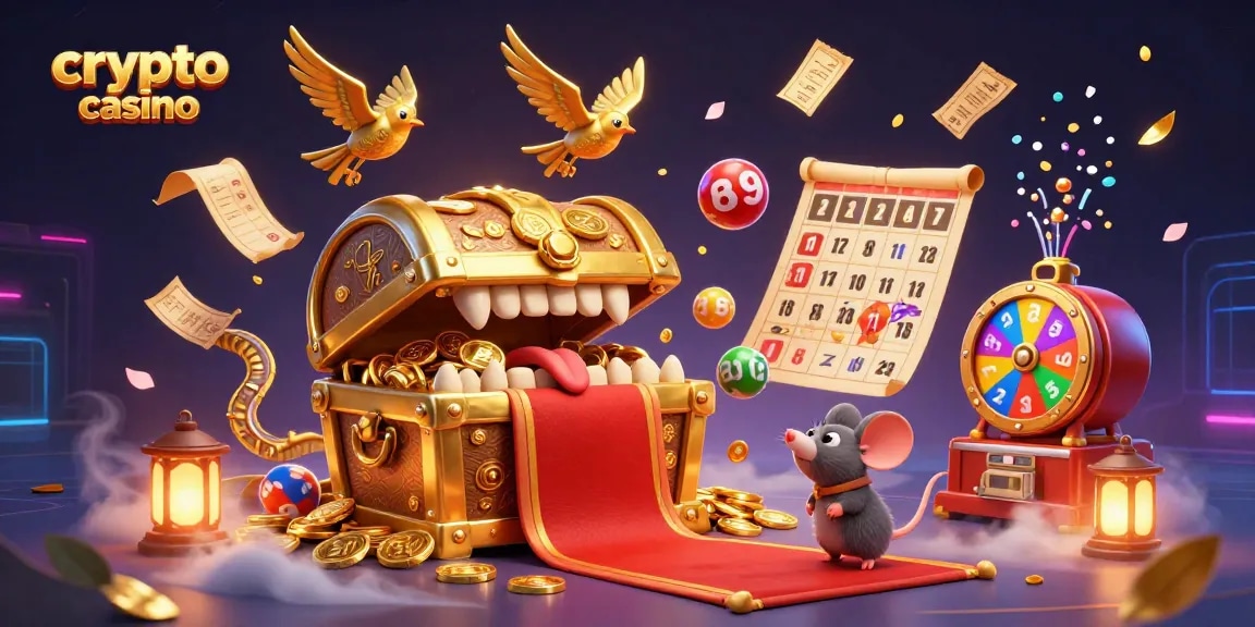 Engage with the vibrant scene of a crypto casino featuring a treasure chest and adventurous mice amidst dynamic lottery elements.