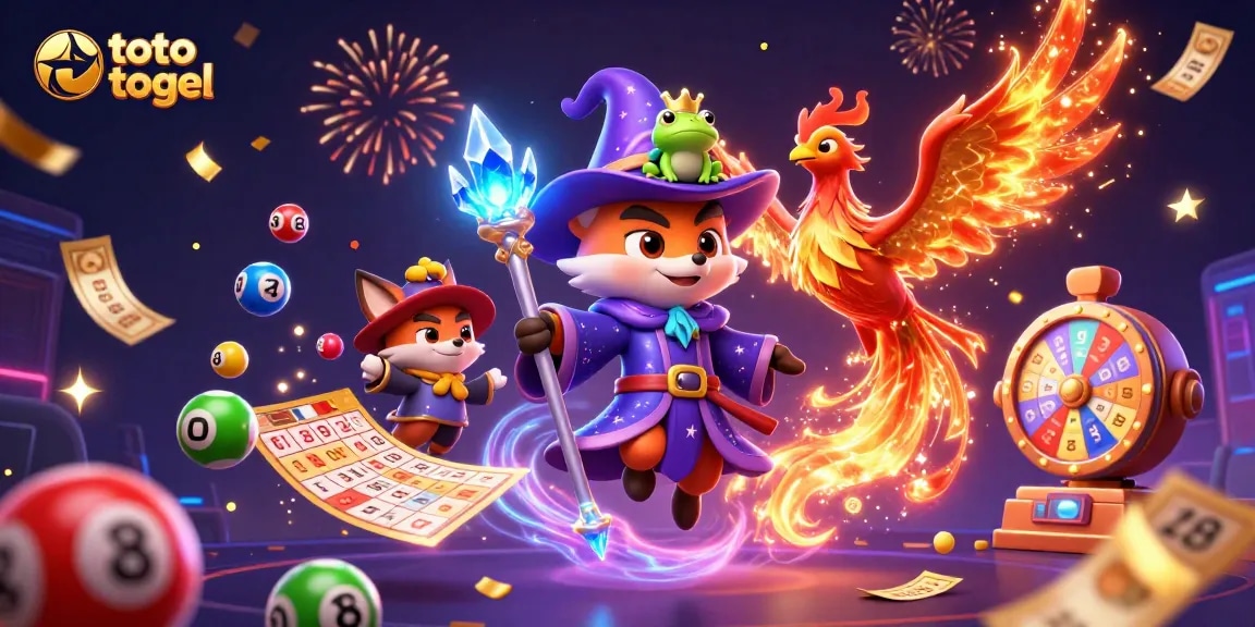 Engage in thrilling toto togel action with vibrant lottery elements and magical characters.