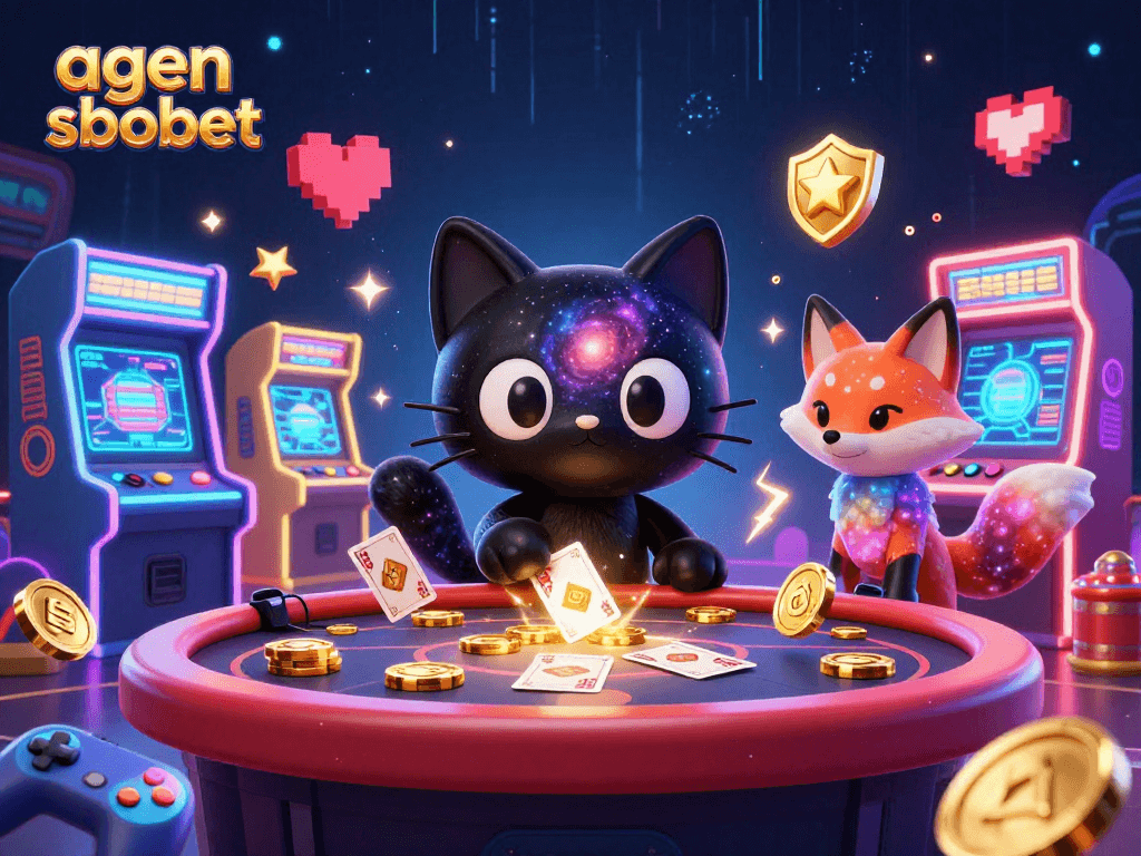Engage with the thrilling experience of agen sbobet, featuring vibrant casino elements and charming characters.