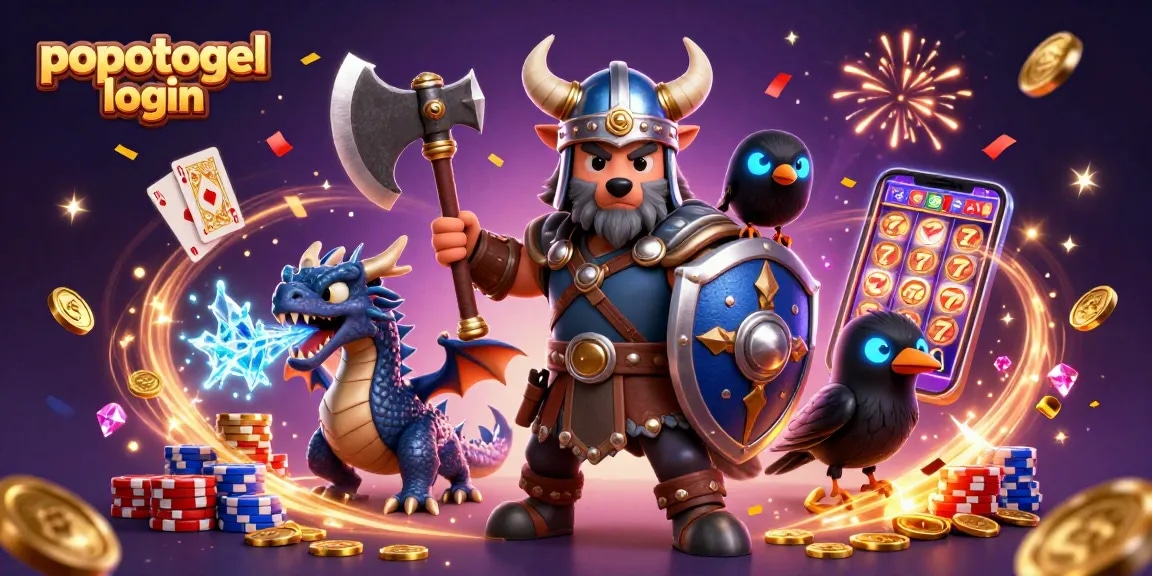 Experience thrilling gaming adventures with popotogel login in this vibrant illustration showcasing a Viking wolf warrior, fierce dragon, and treasures.
