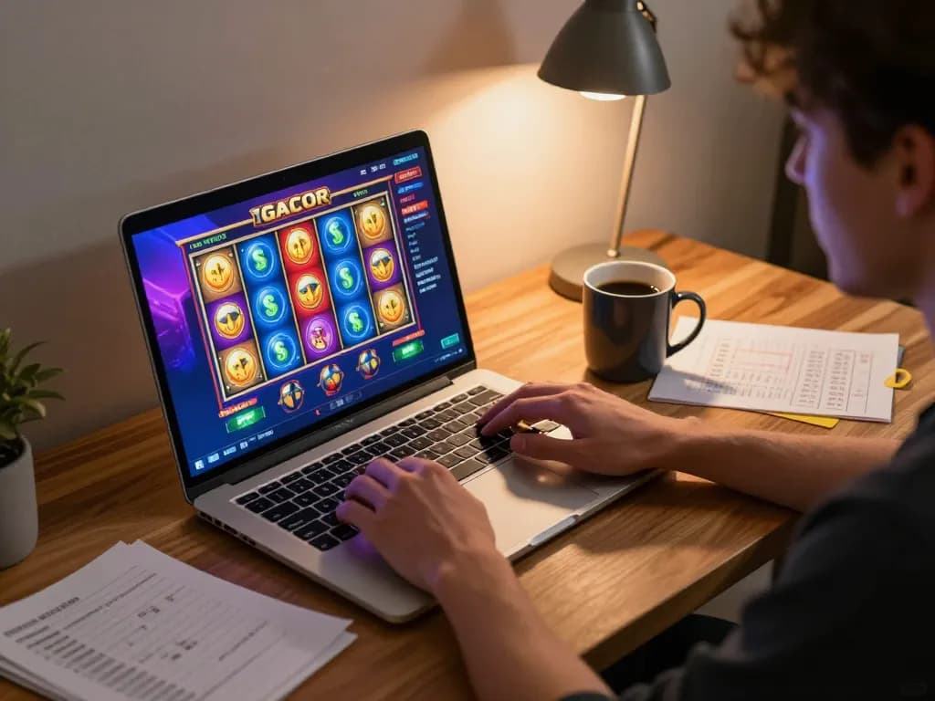 Engaging slot gacor game on a laptop, showcasing responsible online gambling strategies and cozy gaming setup.